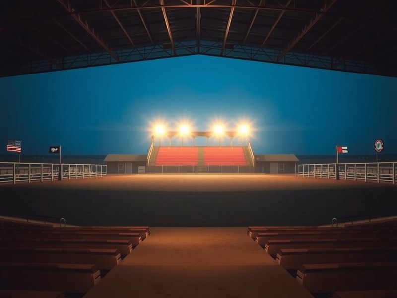 An empty small-town rodeo arena glowing at twilight.