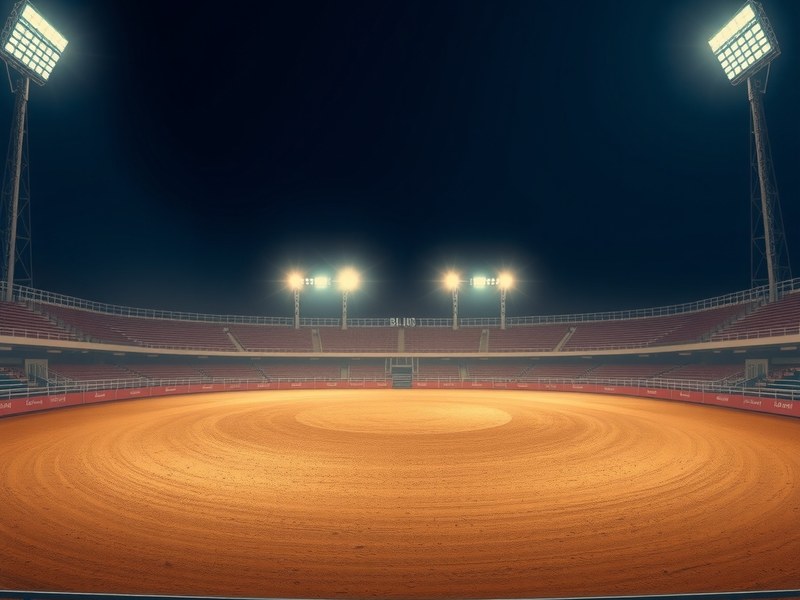 An empty rodeo arena beneath floodlights and a deep night sky.