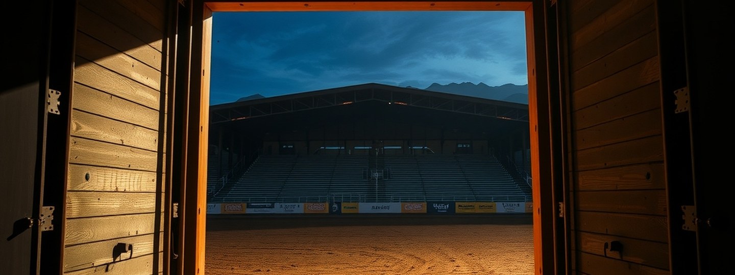 An open rodeo chute looking into an empty twilight arena; general RodeoFinder atmosphere, not a listed event